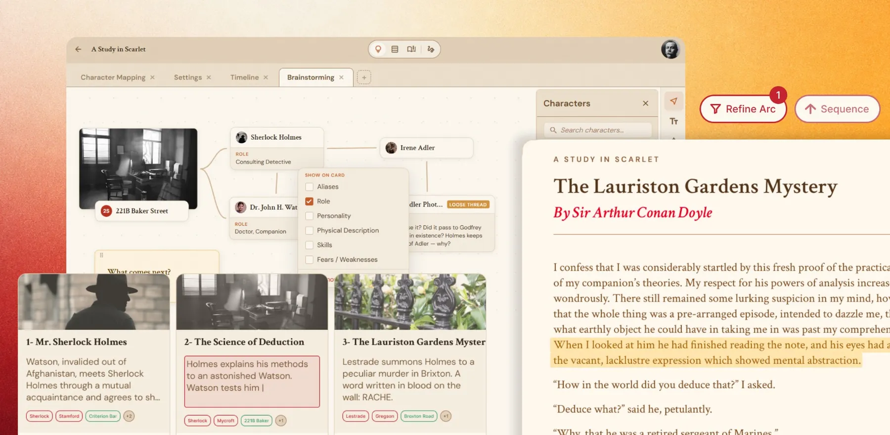 Woven app showing a character map, brainstorming canvas, story strands and a manuscript open to A Study in Scarlet